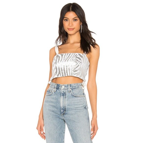 X by NBD Nakia Sequin Animal Print Zebra Crop Top Tank Blouse Silver White Small - Picture 1 of 6